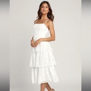 Lulus Grace and Beauty White Burnout Floral Print Tiered Midi Dress